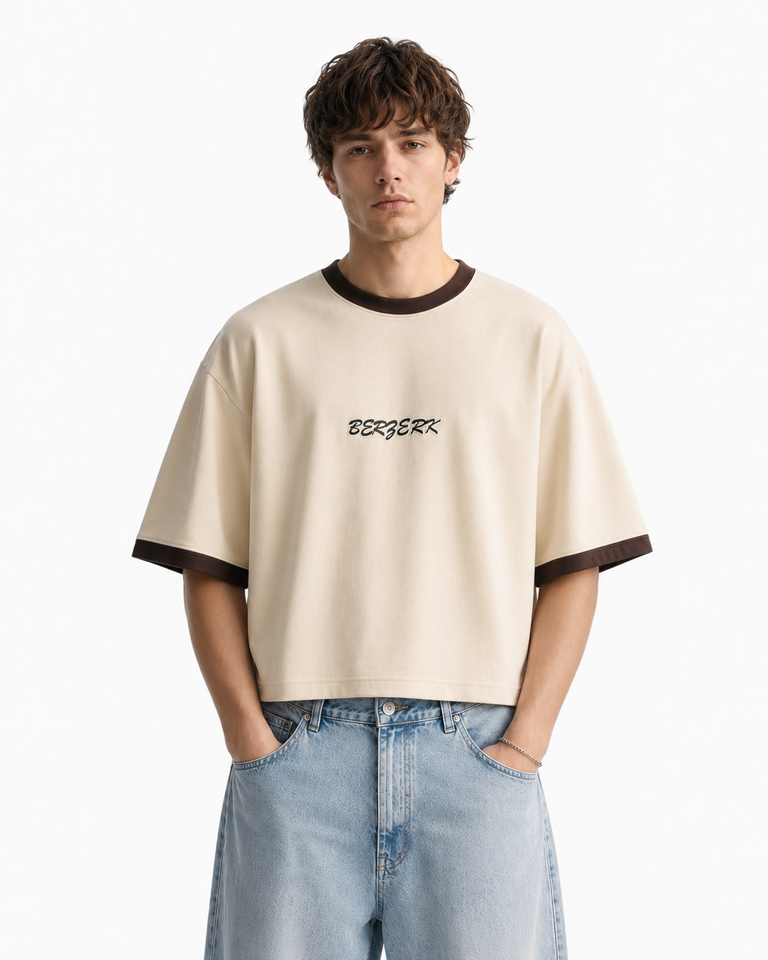BERZERK Mocha Ringer Crop Boxy Fit Tee