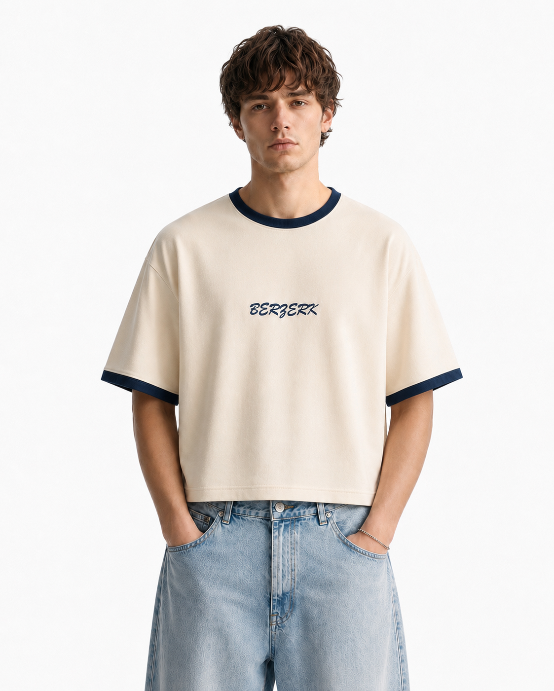 BERZERK Navy Ringer Crop Boxy Fit Tee