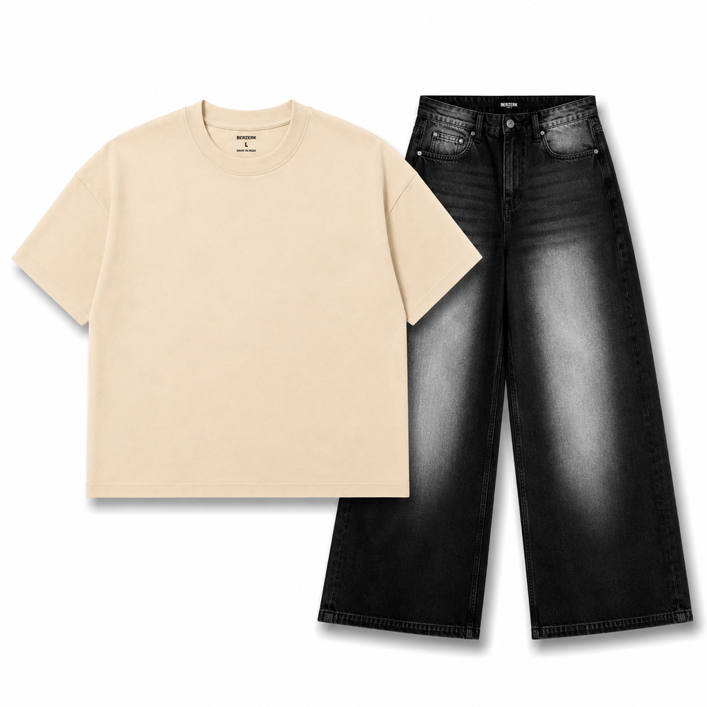 Essential Cream Tee × Noir Denim Combo