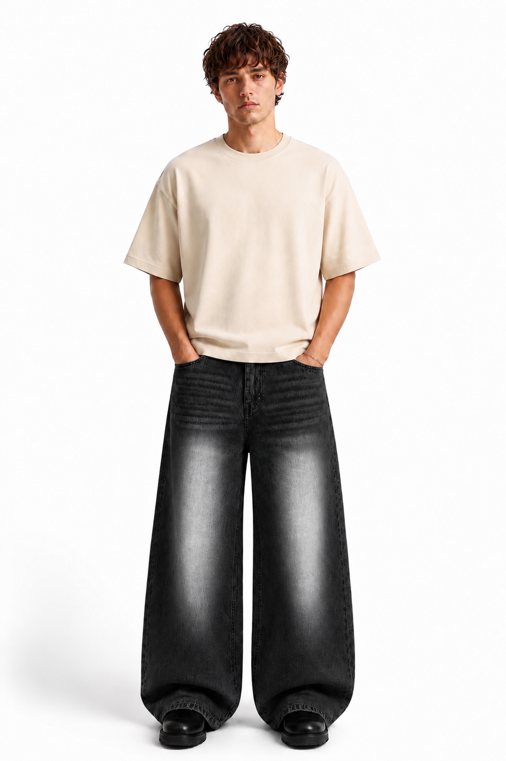 Essential Cream Tee × Noir Denim Combo