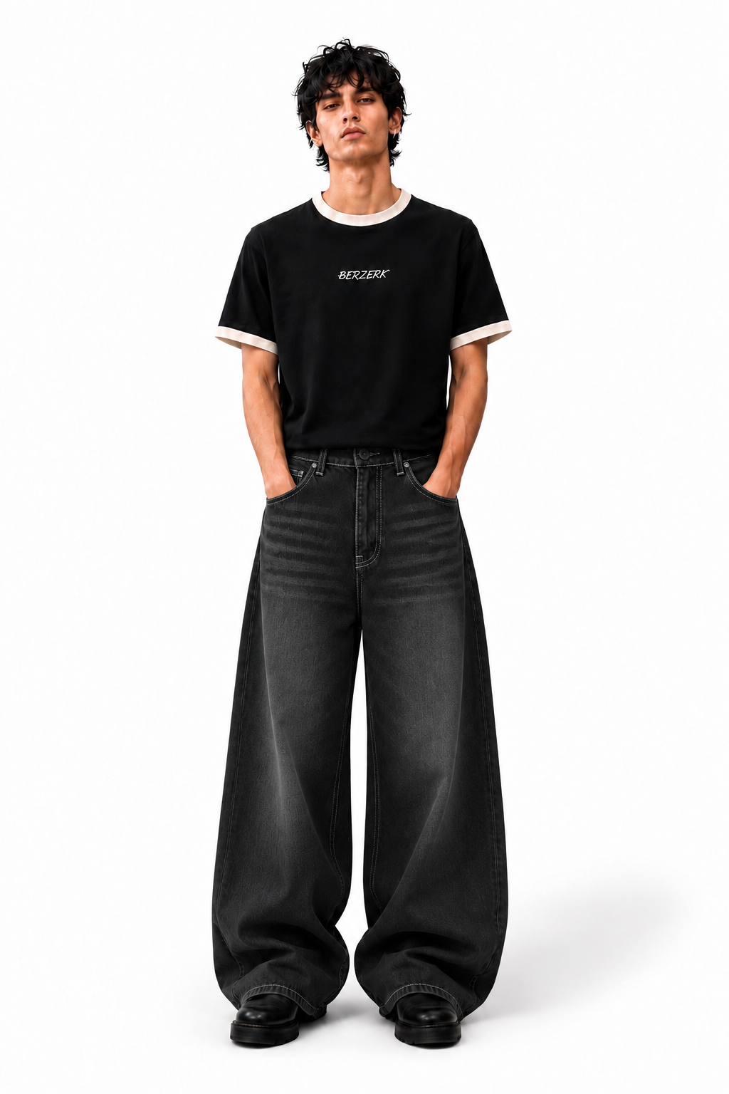 CHARCOAL BLACK WASHED WIDE LEG DENIM